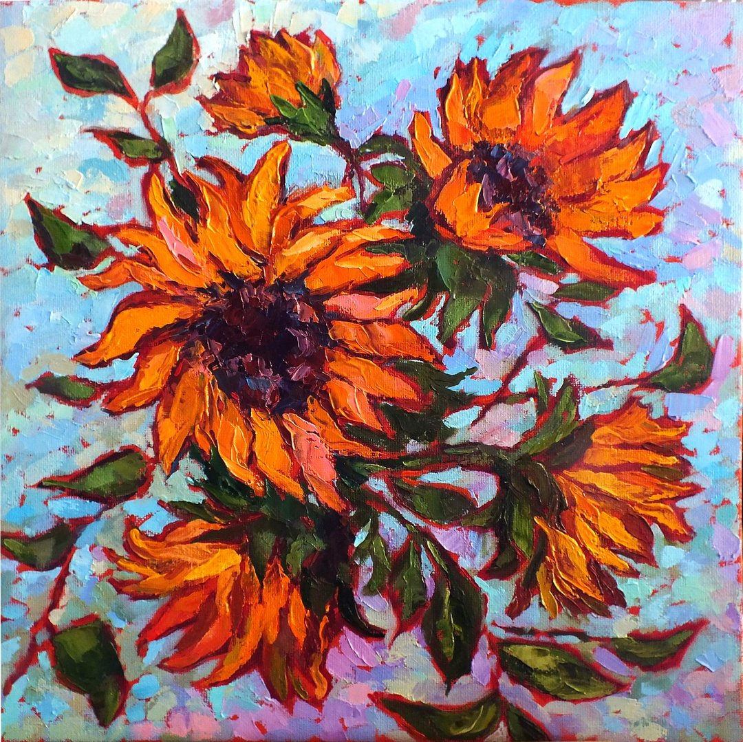Sunflowers Oil Painting Original Oil Flowers Impasto Impressionism Art 11.8x11.8 - 海报/装饰画/版画 - 其他材质 橘色
