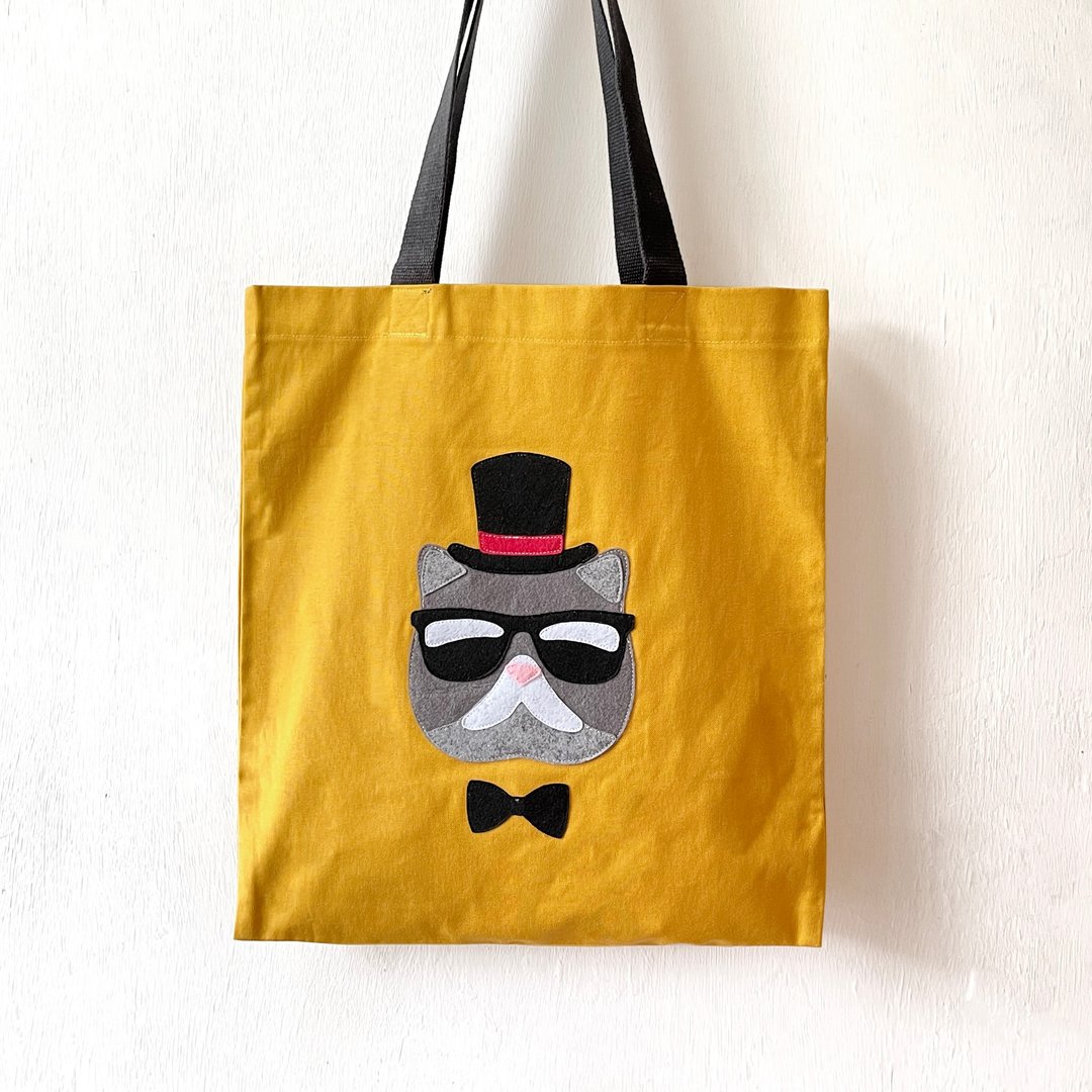 黑超绅士猫, 厚帆布布袋, 全人手制Tote Bag - 侧背包/斜挎包 - 棉 橘色