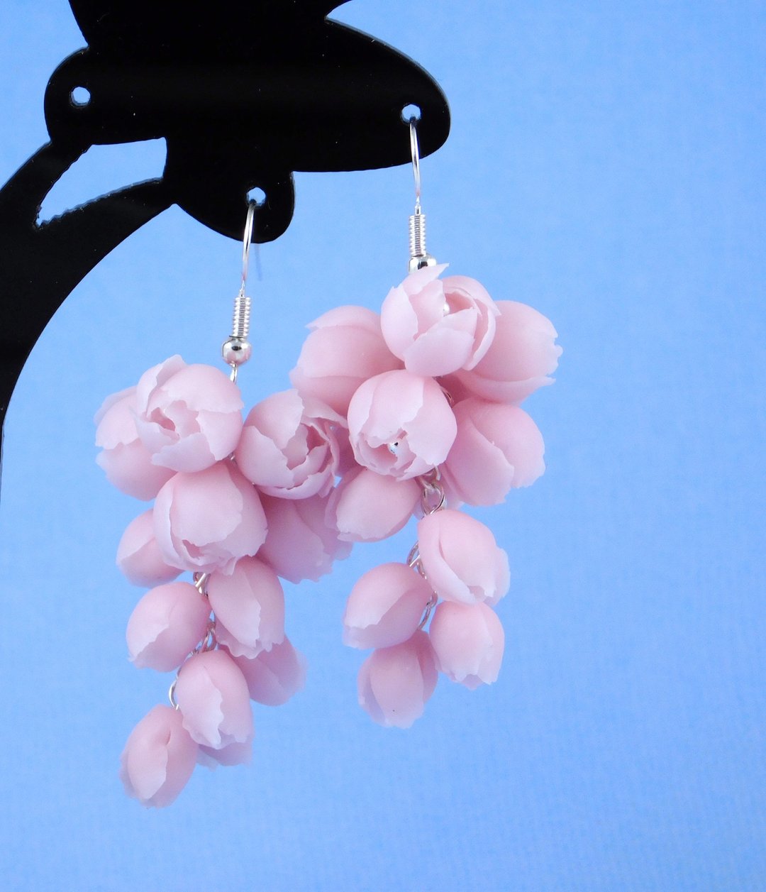 Flower earrings pink peonies Long jewelry flower clusters bunch accessory clay - 耳环/耳夹 - 粘土 粉红色