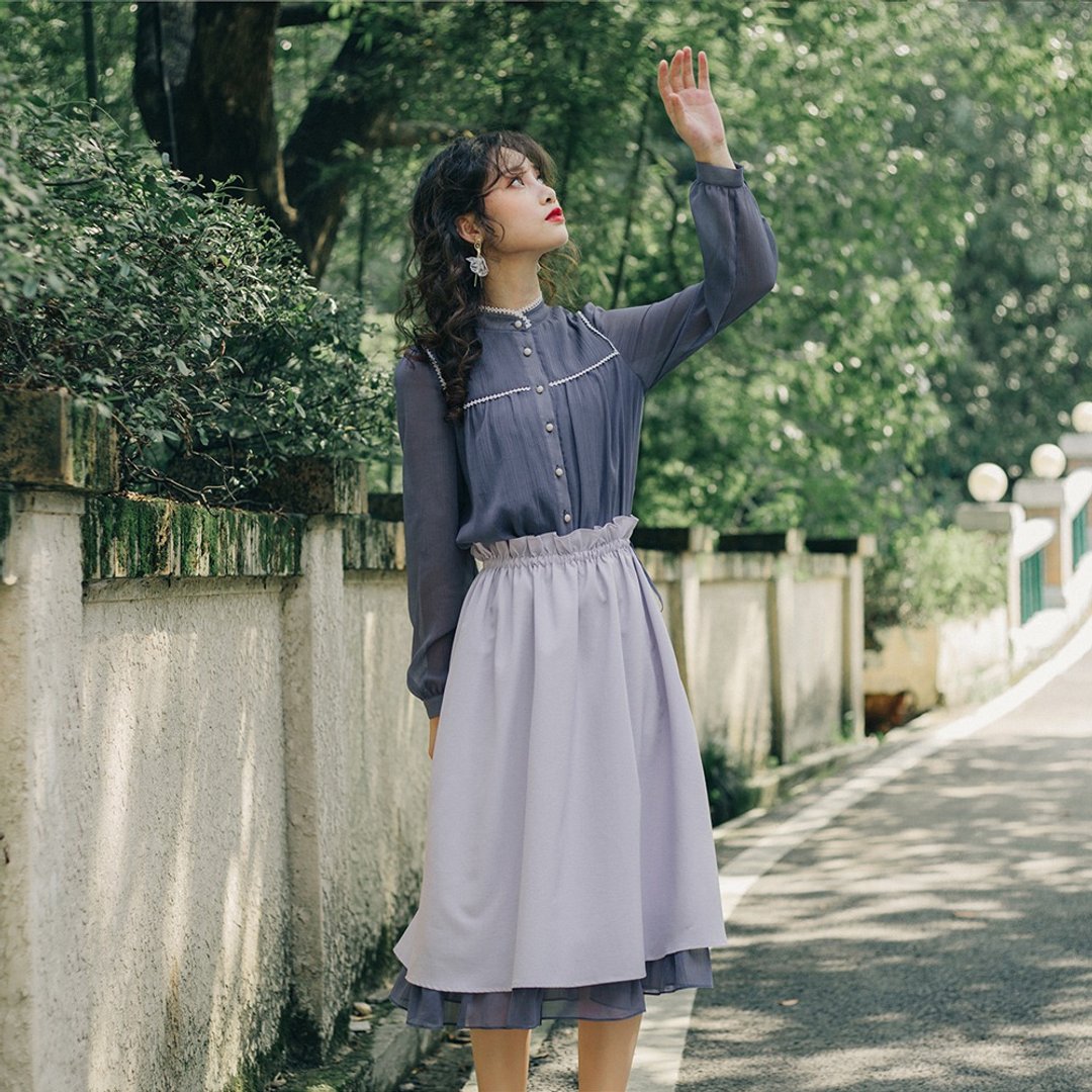 【秋季新款】2019年安妮陈高腰半身裙复古雪纺衬衫套装9732 9743 - 女装衬衫 - 其他材质 