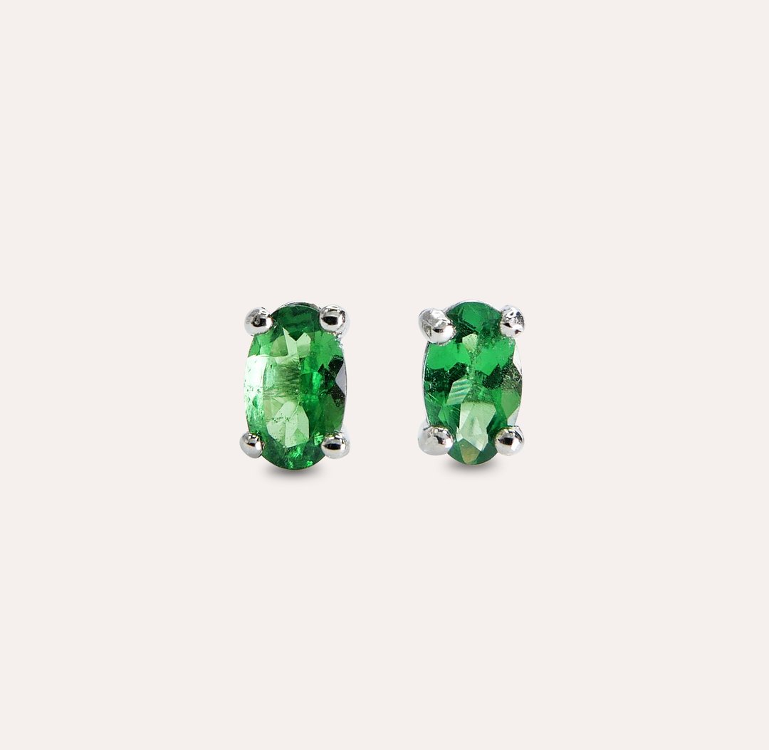 安珠 沙弗莱 绿色 椭圆 3*5mm 耳环 经典系列 Oval E 宝石银饰 A - 耳环/耳夹 - 银 绿色