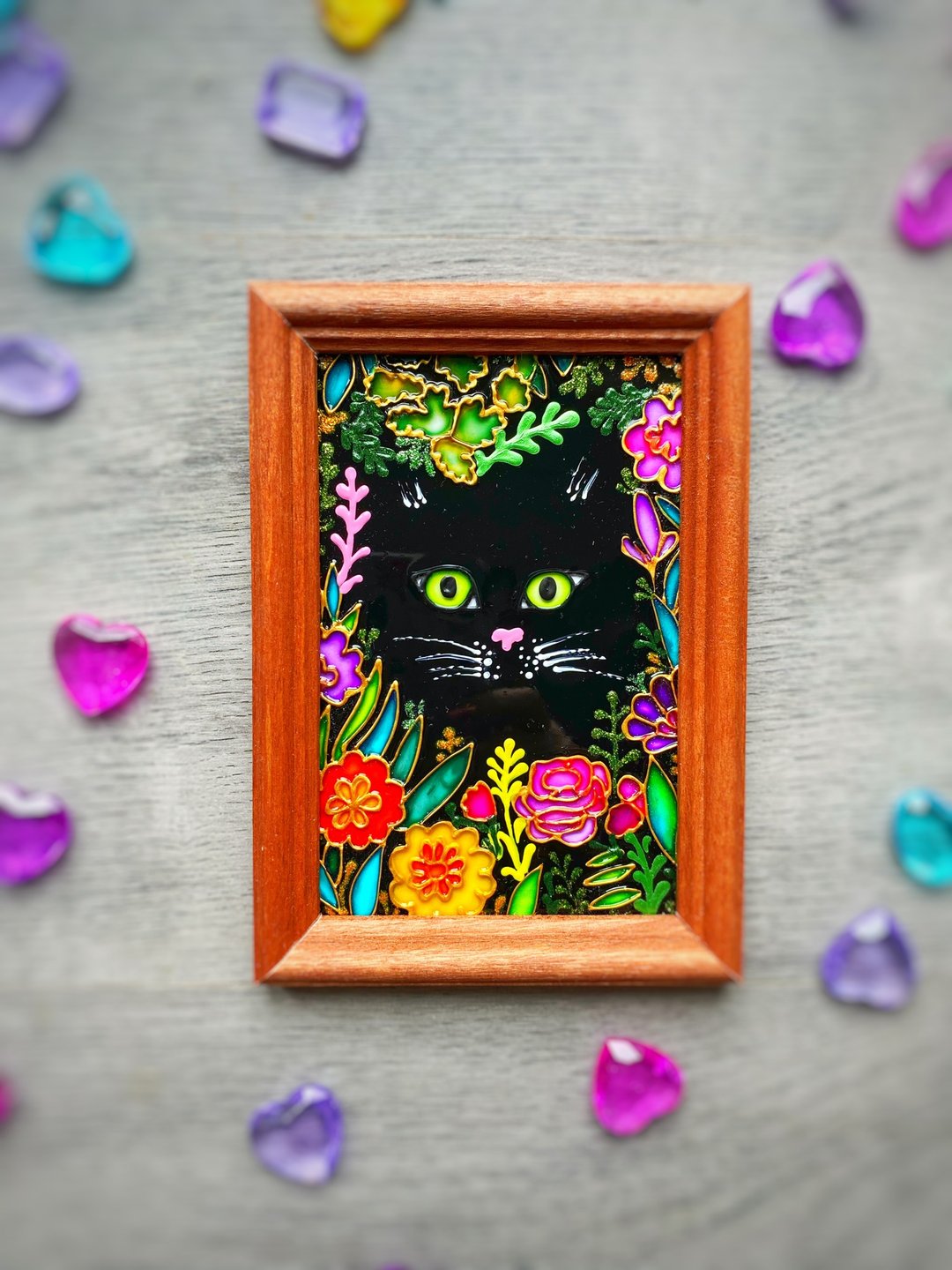 彩色玻璃画猫在盛开的花朵艺术原始挂墙装饰 - 墙贴/壁贴 - 玻璃 多色