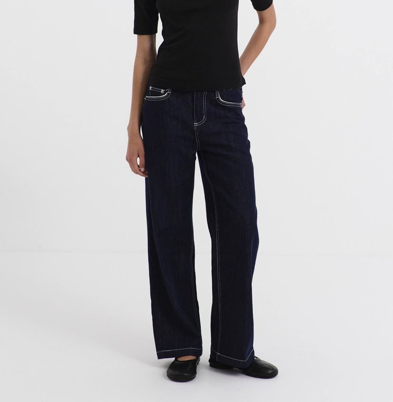 日系复古 蓝色洗水中低腰直筒牛仔裤 - 女装长裤 - 其他材质 蓝色