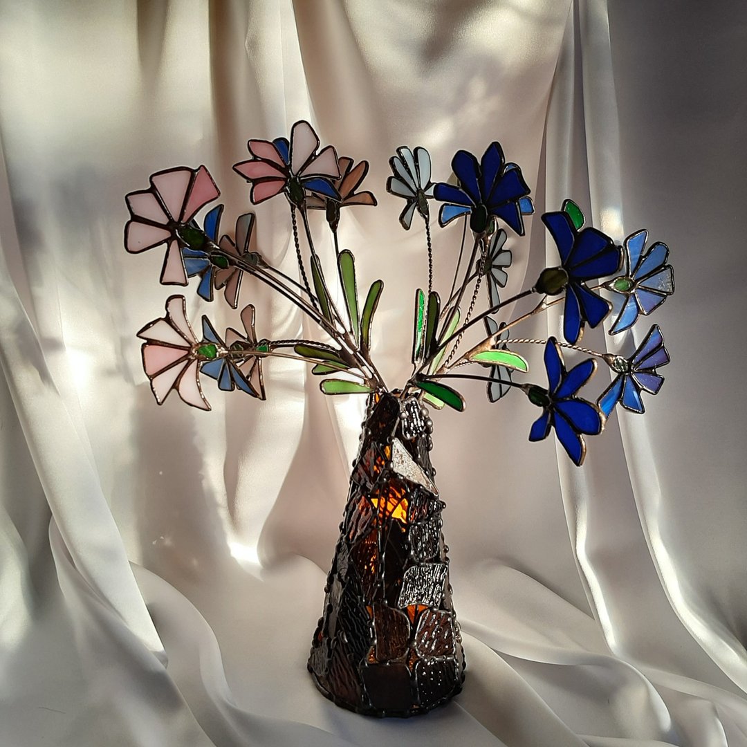 Cornflowers bouquet, unique handmade stained glass flowers decor, blue ornaments - 摆饰 - 琉璃 蓝色