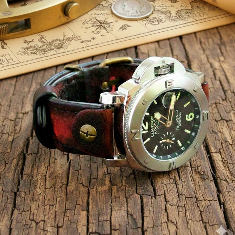 手工红色皮革飞行员表带 22mm - 表带 - 真皮 红色