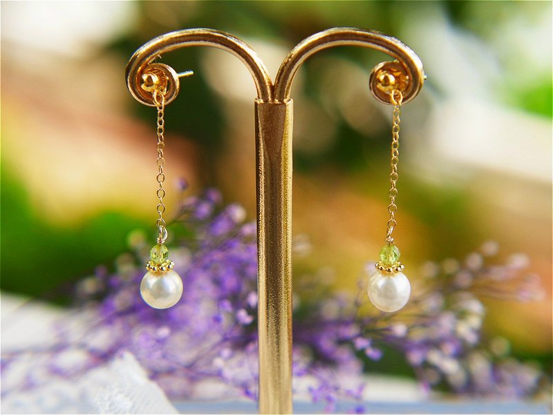 原創 |  复古流光 天然淡水珍珠橄榄石纯银包金链条耳钉耳夹 - 耳环/耳夹 - 珍珠 白色