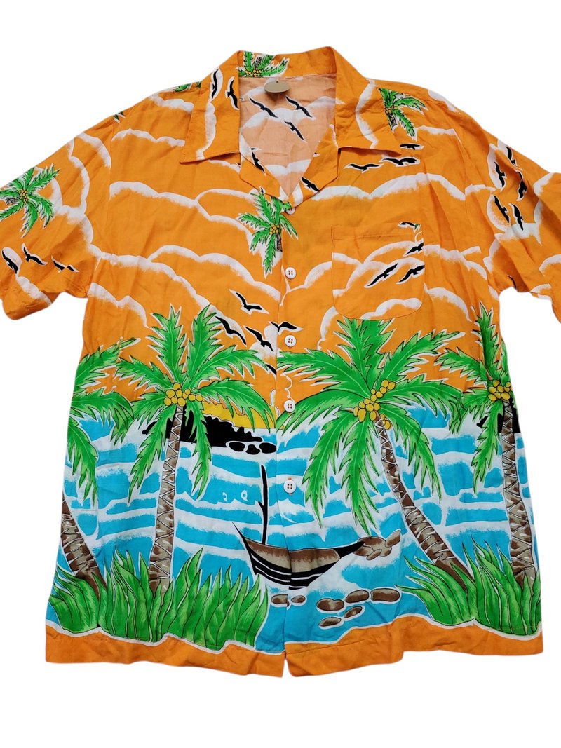 有礼貌穿搭 日本古着 夏威夷 渡假图腾 橘色 短衬 L号 近全新 - 男装衬衫 - 棉．麻 绿色