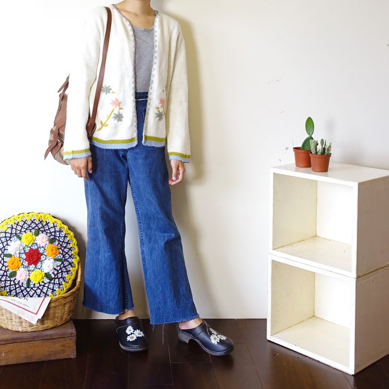 BajuTua /古着/ 米白色绣花开襟羊毛衫 - 女装针织衫/毛衣 - 羊毛 白色