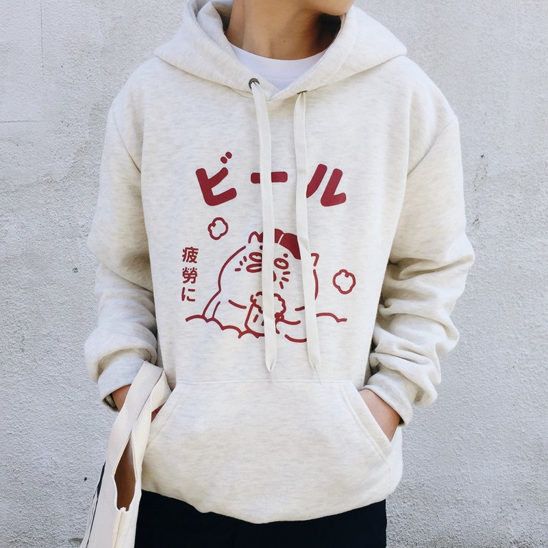 啤酒复古广告-刷毛中性帽T-麻花白 - 中性连帽卫衣/T 恤 - 棉．麻 