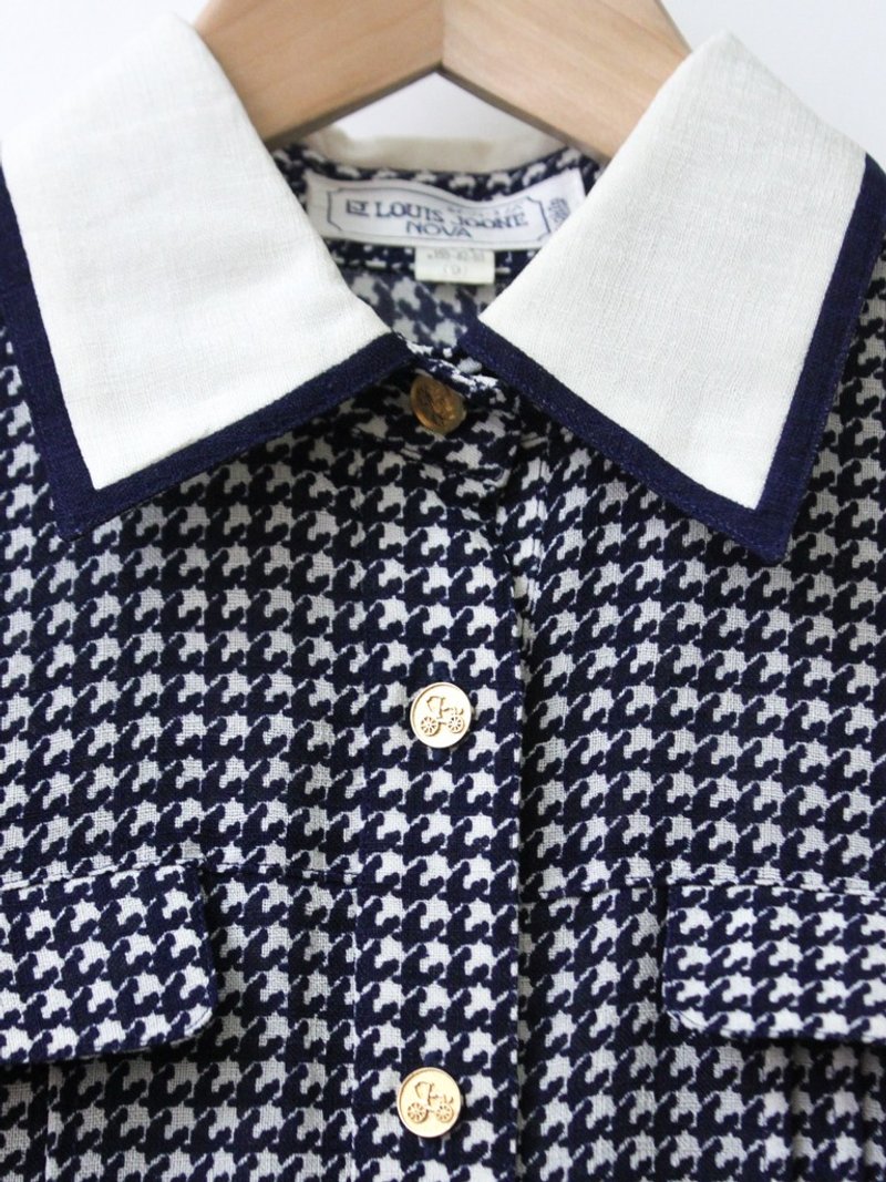 【RE1116D968】日本制蓝色千鸟格复古短袖学院风古着洋装 - 洋装/连衣裙 - 聚酯纤维 蓝色