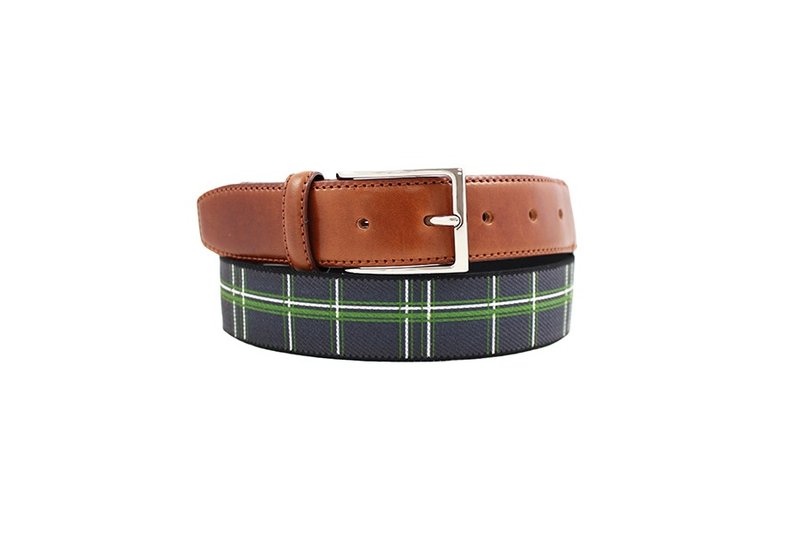 LAPELI │比利时松紧织品腰带-撞色垂直纹 灰&绿 - 皮带/腰带 - 真皮 