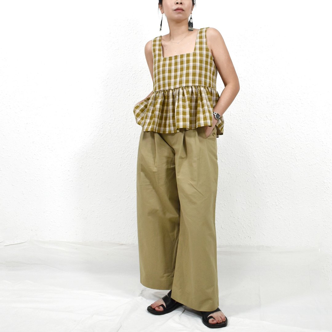 Ellie Tank- Khaki Plaid 大气方领宽松背心 - 女装背心 - 棉 
