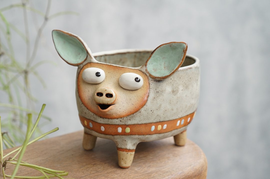 猪盆，仙人掌植物，多肉植物，仙人掌，陶瓷作品，手工制作 - 花瓶/陶器 - 陶 灰色