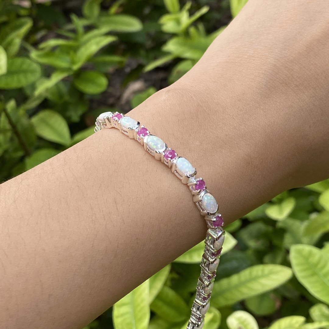 White Gilson Opal and Ruby Stone Tennis Bracelet 925 Sterling Silver - 手链/手环 - 纯银 白色