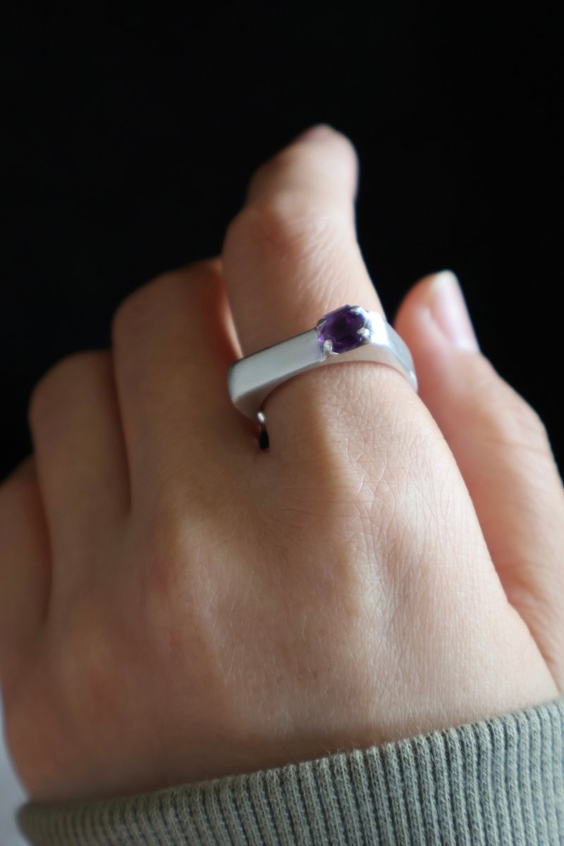 极简方形紫水晶戒指  大尺码港码21号 - 戒指 - 纯银 银色