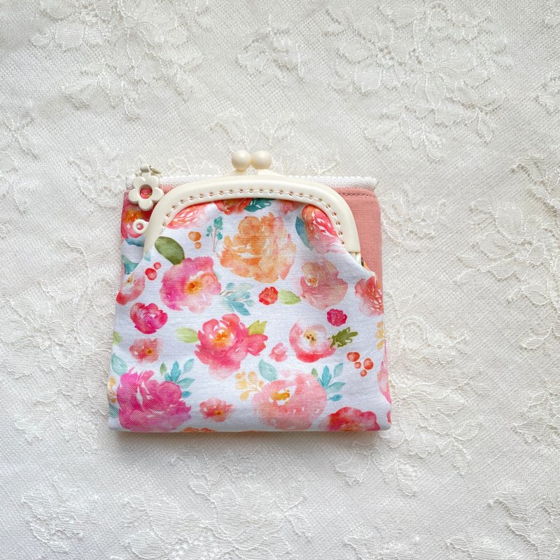 粉彩花多功能口金拉链夹包 - 皮夹/钱包 - 棉．麻 