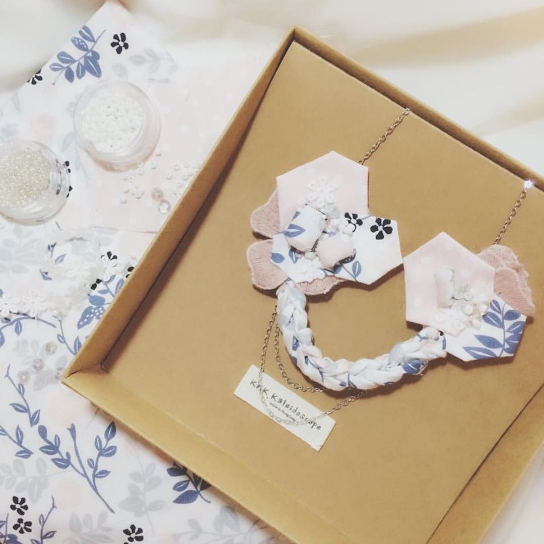 Pastel PinkBlue Cloth-Chain Necklace / kkk.kaleidoscope 布锁链系列 - 项链 - 棉 粉红色