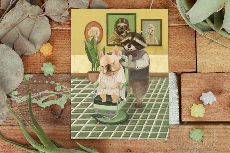 法斗插画明信片 浣熊先生的理发店 - 卡片/明信片 - 纸 绿色