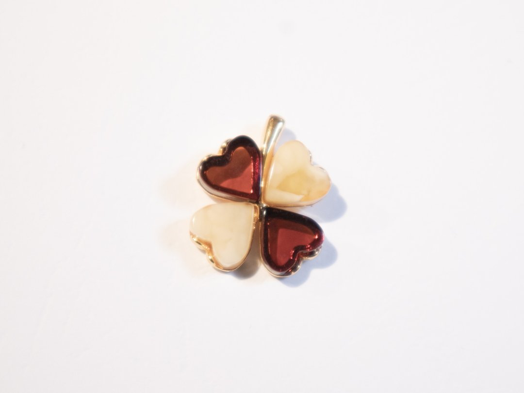 925 silver AMBER 幸运四叶草 双拼色琥珀蜜蜡吊坠项链 - 项链 - 宝石 金色
