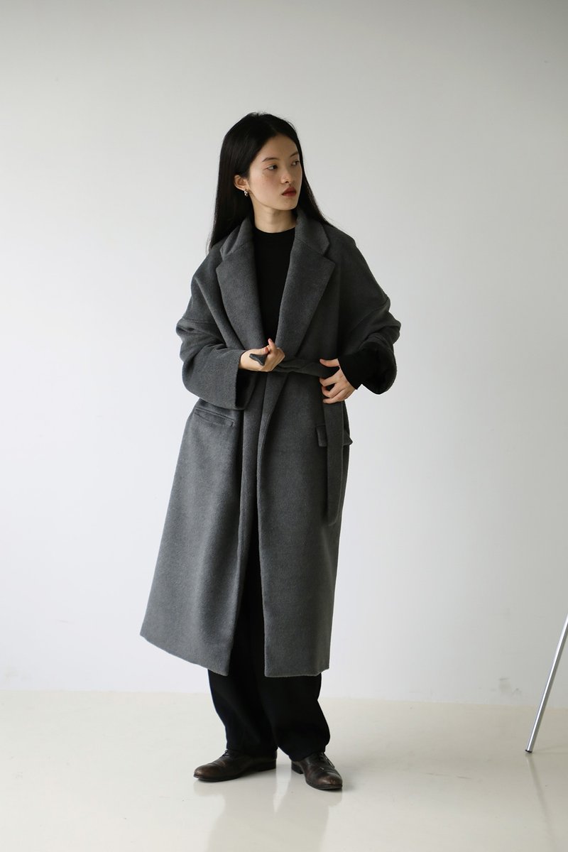 烟灰色柔软羊驼毛落肩大衣 I Long Wrap coat - 女装西装外套/风衣 - 羊毛 灰色
