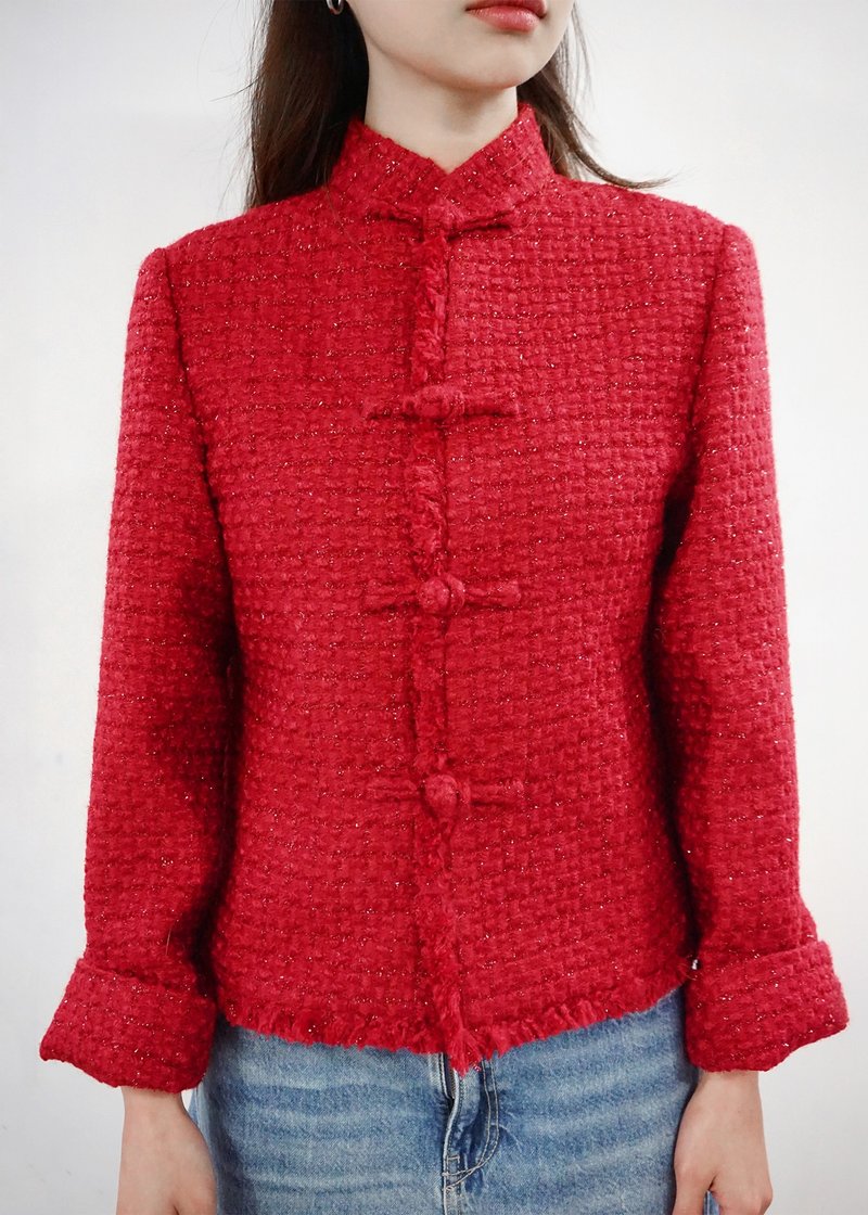 粗花呢唐装外套 (红色)|上班衣着|香港设计|小香风|经典 - 女装西装外套/风衣 - 其他材质 红色