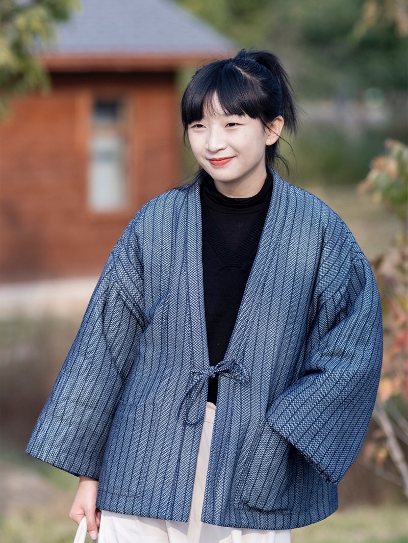 日式和风 蓝色牛仔编织半缠棉衣 - 女装上衣 - 其他材质 蓝色