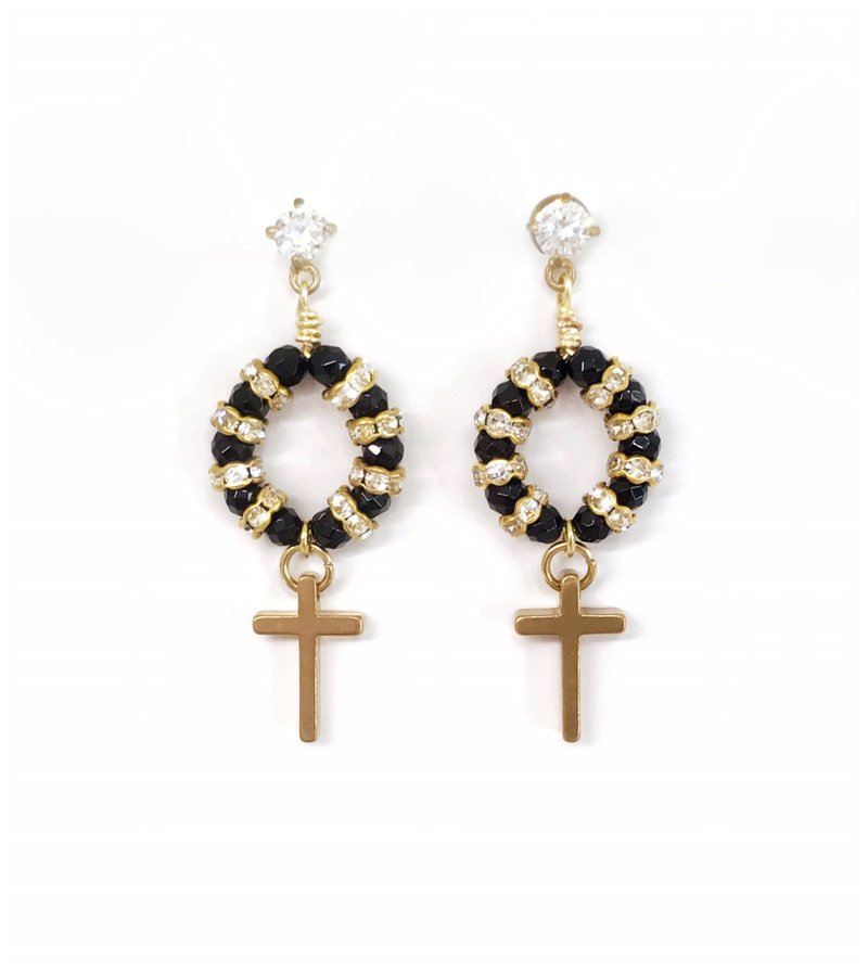 Minertés+黑玛瑙·十字架·锆石·耳环+ - 耳环/耳夹 - 半宝石 黑色