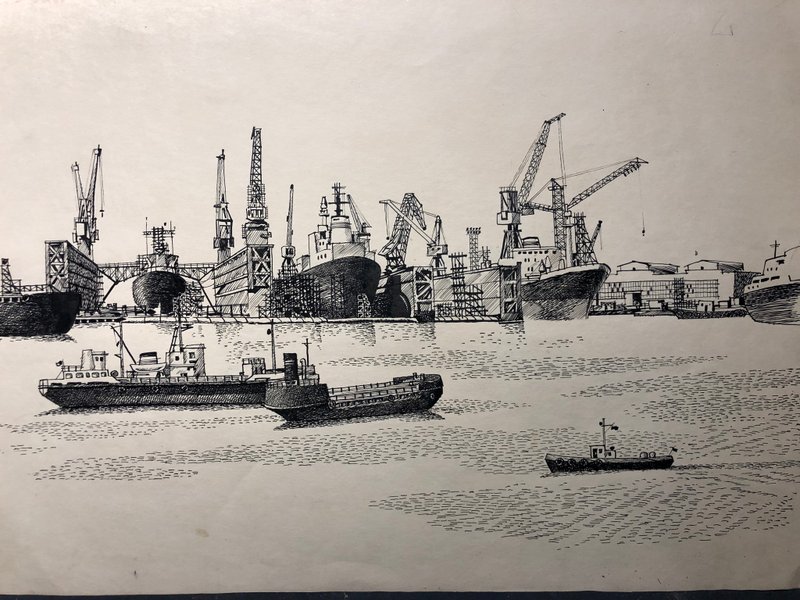 带有干船坞的港口，工业海洋景观，纸上墨水笔，墙壁艺术 - 墙贴/壁贴 - 纸 