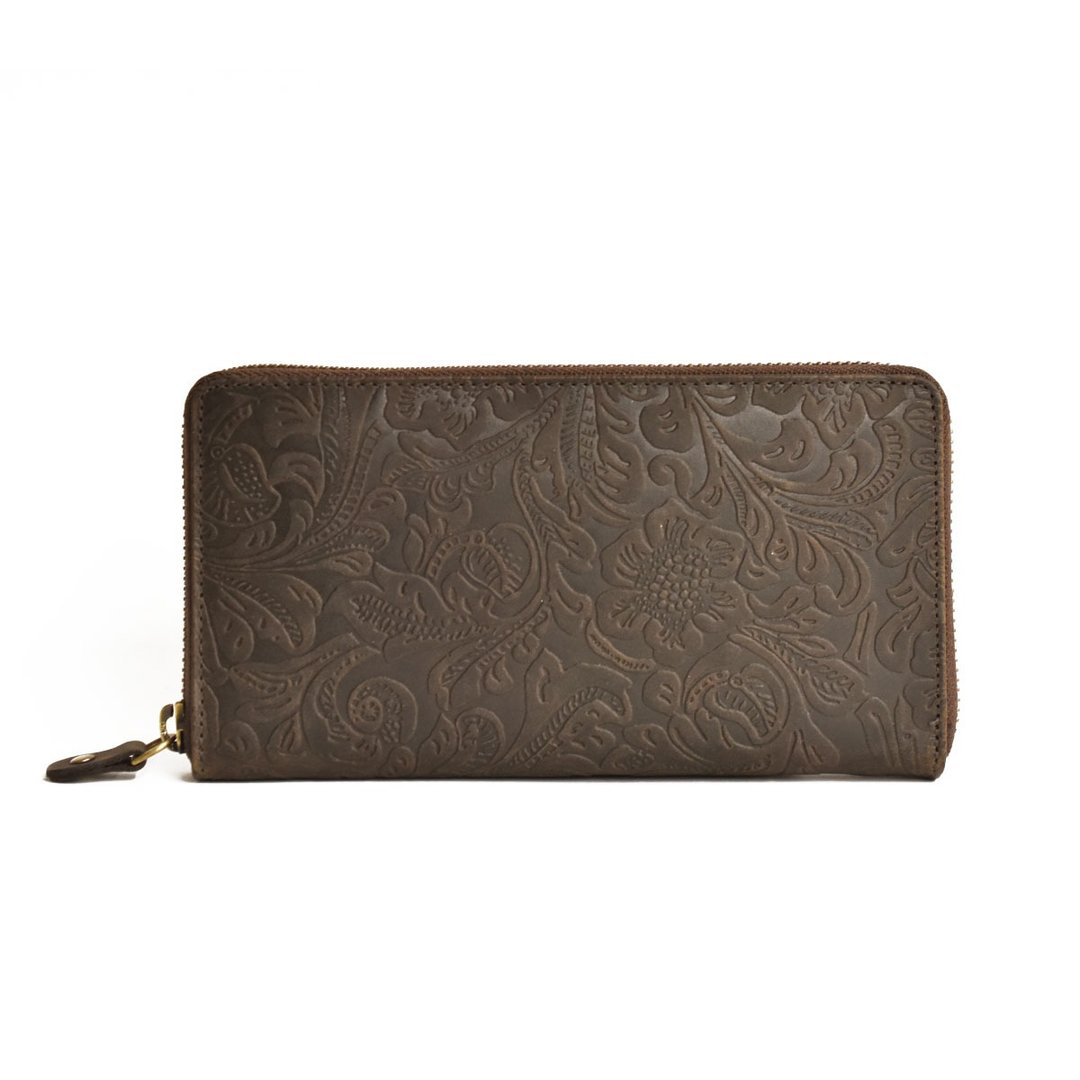 Botanical pattern hallelujah All leather round zipper long wallet Genuine leather Men's Women's Name Insert Brown TOW011 - 皮夹/钱包 - 真皮 咖啡色
