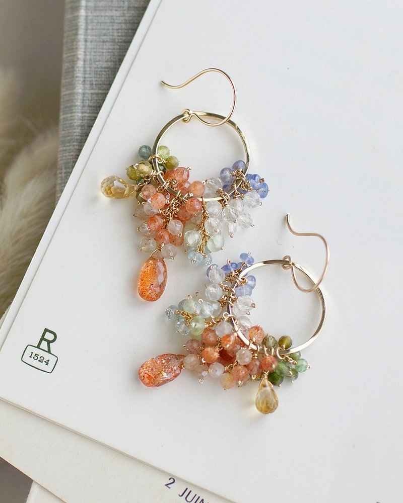 14KGF 日长石与秋色石戒指式耳环 - 耳环/耳夹 - 半宝石 橘色