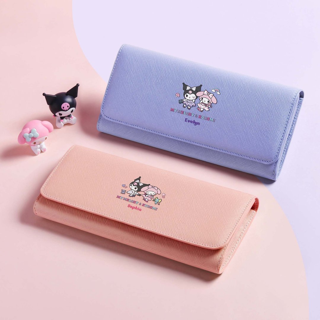 My Melody x Kuromi 限量版 定制化刻字 皮革翻盖长钱包 (4色) - 皮夹/钱包 - 真皮 粉红色