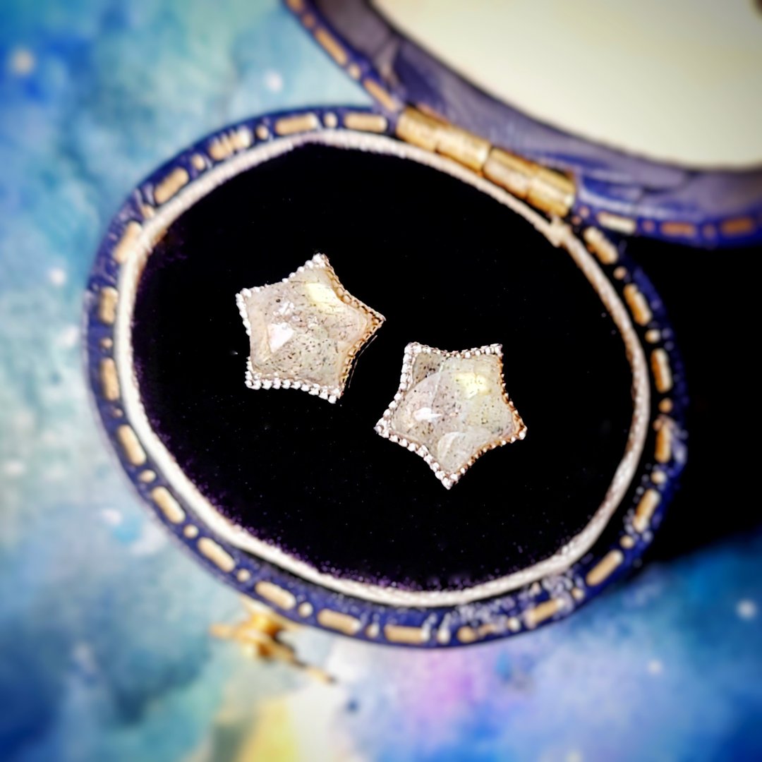 小星星拉长石电镀18K金纯银耳环 - 耳环/耳夹 - 半宝石 卡其色