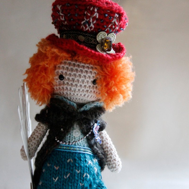 小美娃娃,疯帽子, 爱丽丝梦游仙境, 橘色爆炸头 - 玩具/玩偶 - 羊毛 橘色