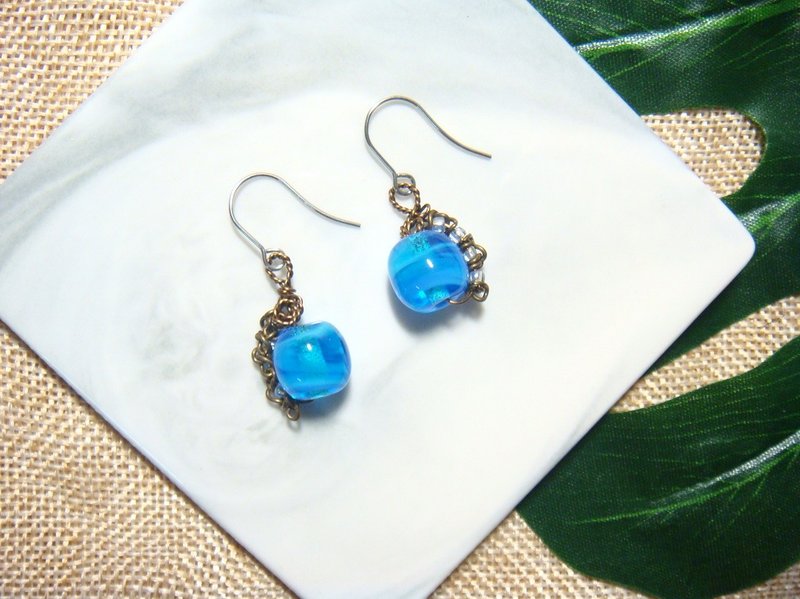 柚子林琉璃 - 夜听雨 - 水色系 - 耳环 - 可改夹式 - 耳环/耳夹 - 琉璃 蓝色