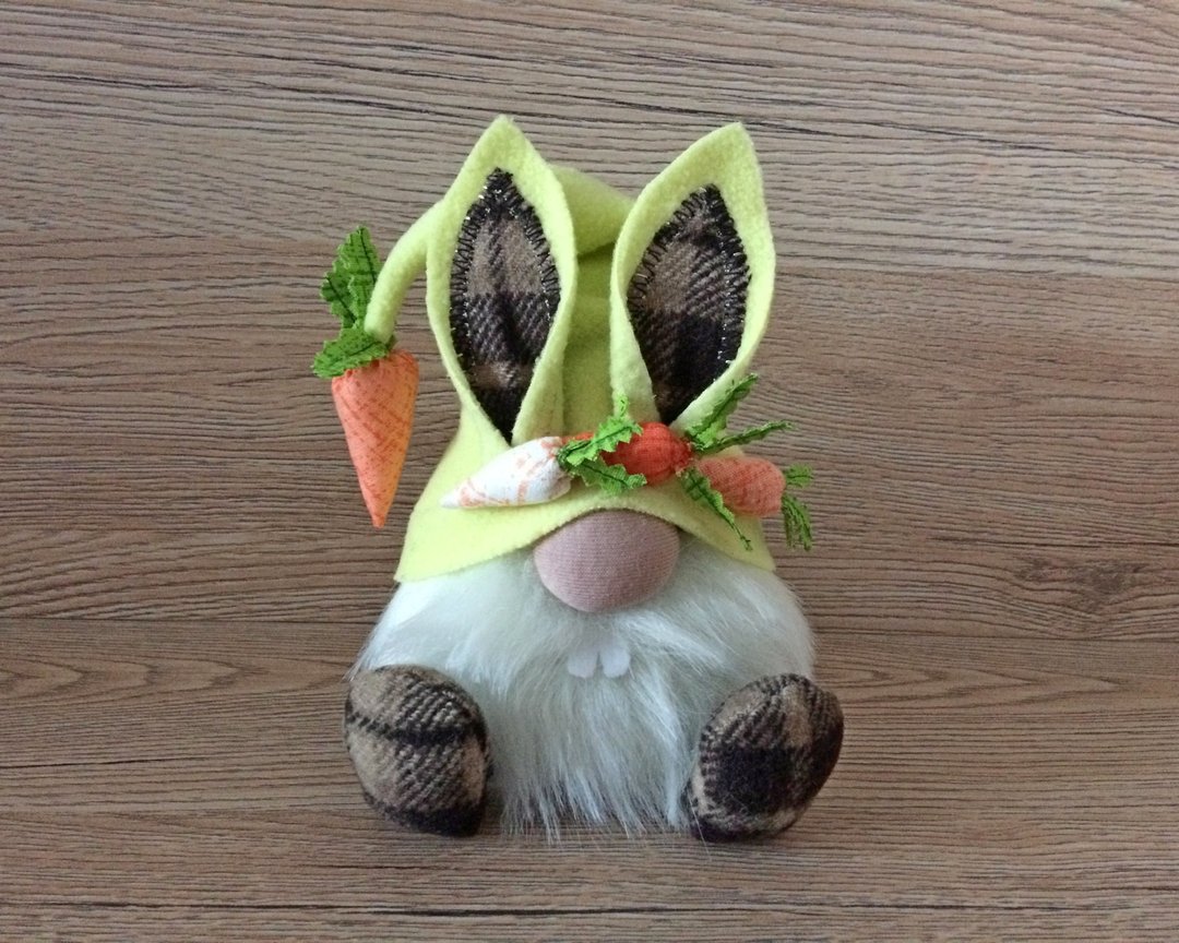 Easter bunny elf with carrots Spring elf Easter tiered tray decor - 玩偶/公仔 - 棉．麻 黄色
