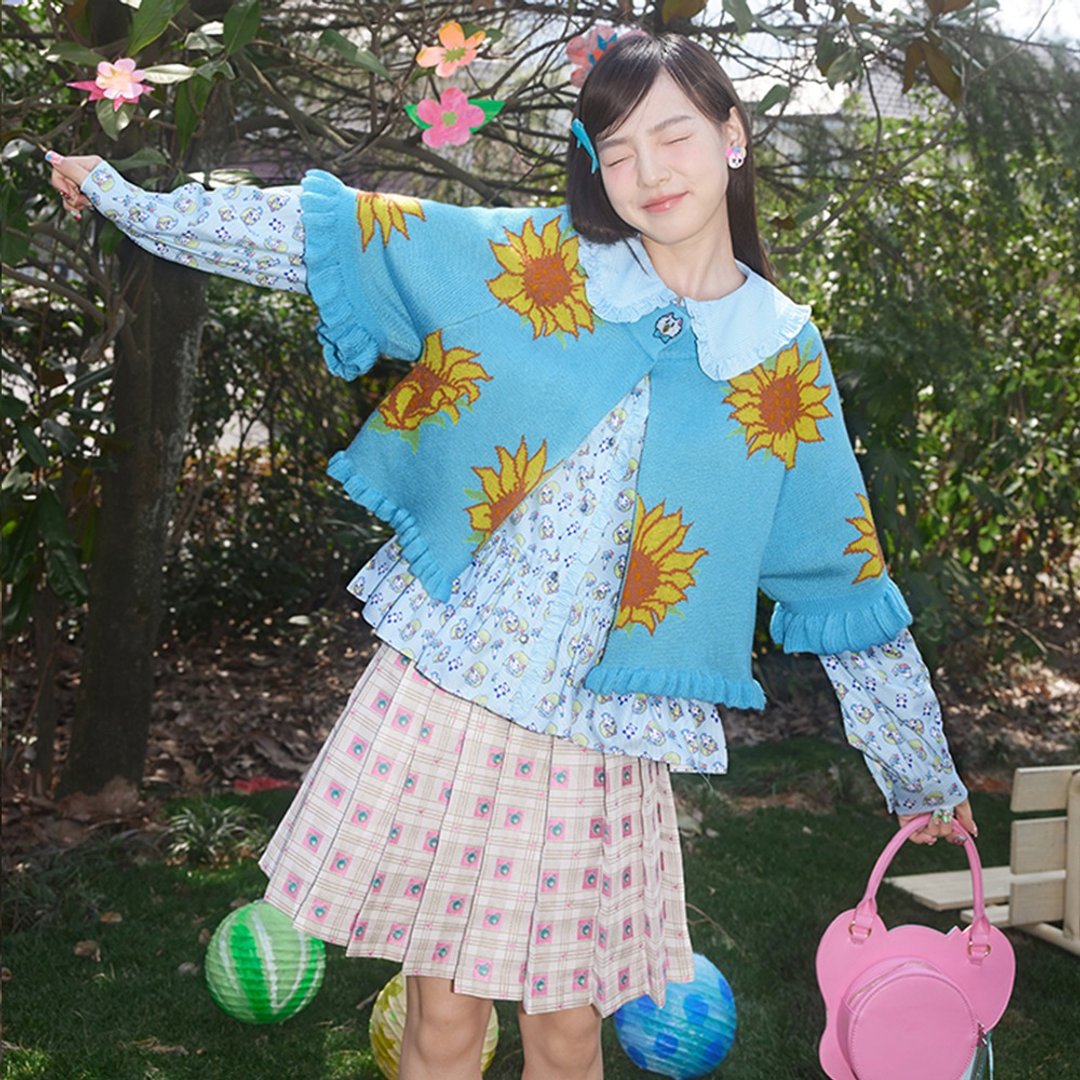 复古花朵 撞色针织提花披肩斗篷式小外套 開襟衫 - 女装上衣 - 其他材质 多色