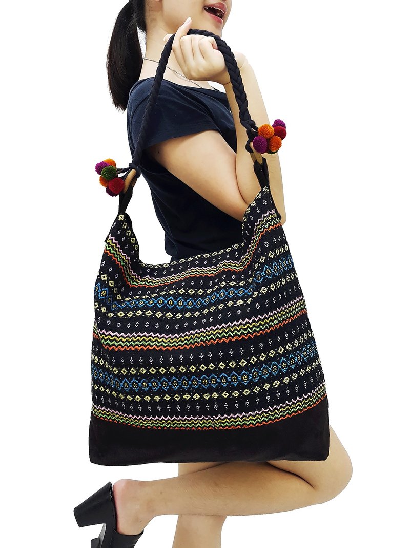 Woven Cotton Bag Tote bag Women bag Shoulder bag Shopping bag Pom Pom Strap Blue - 其他 - 其他材质 黑色