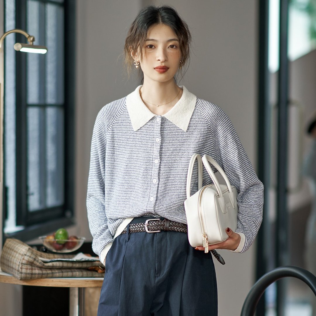 针织条纹绒绒开衫|针织衫|两色|夏秋款|Sora-1306 - 女装针织衫/毛衣 - 棉．麻 多色