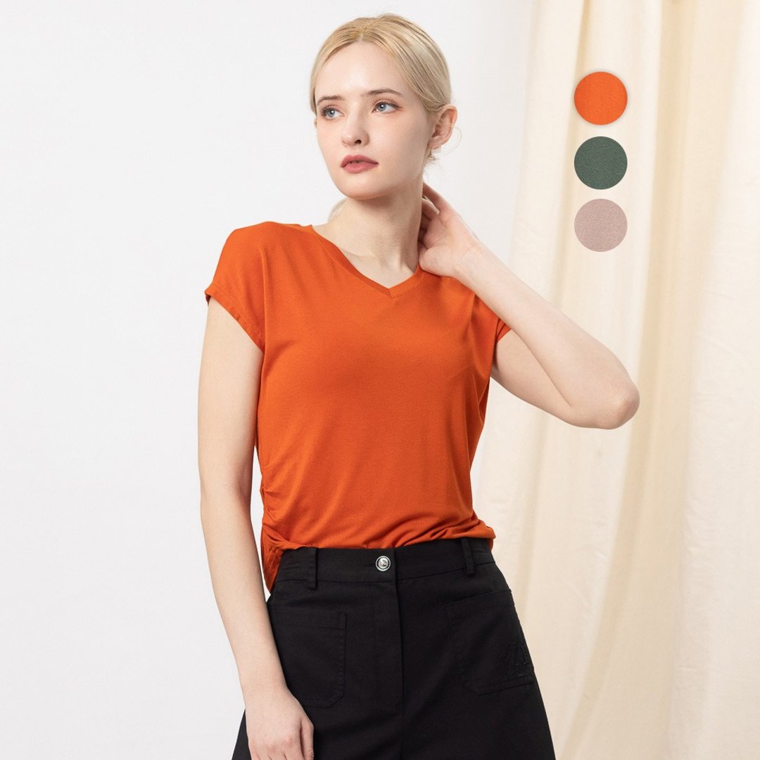 【MEDUSA】轻柔V领嫘萦休闲上衣 - 3色(M-XL) | 女休闲上衣 - 女装 T 恤 - 其他人造纤维 橘色