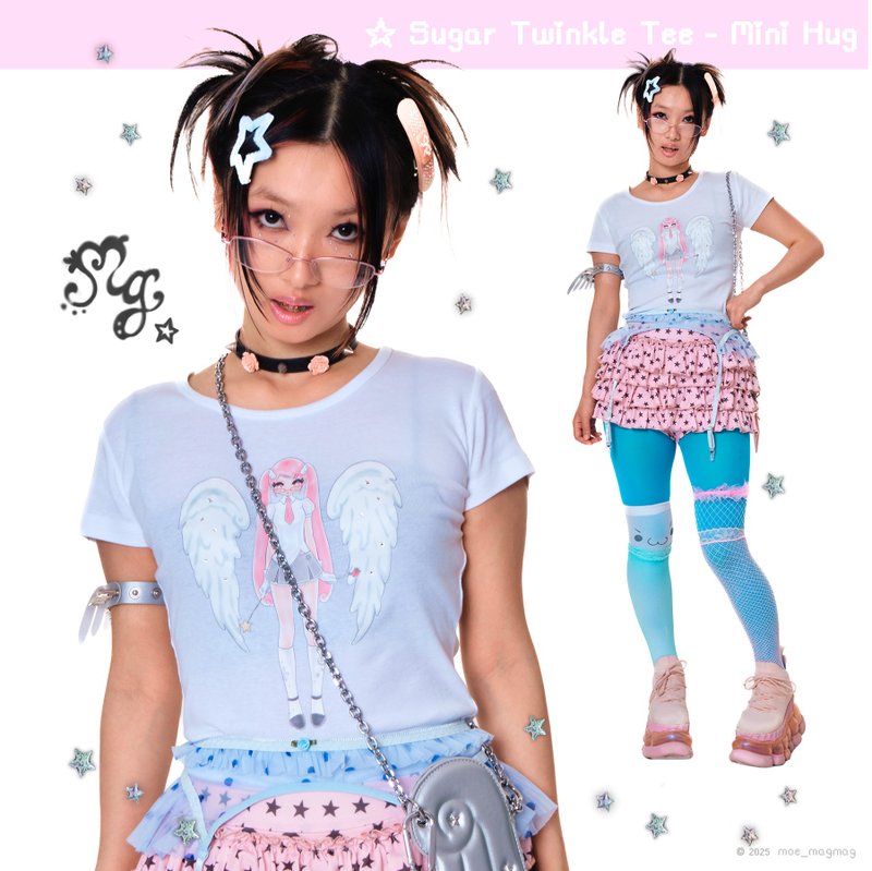 修身款T恤 | Sugar Twinkle -Mini Hug- - 女装 T 恤 - 棉．麻 白色