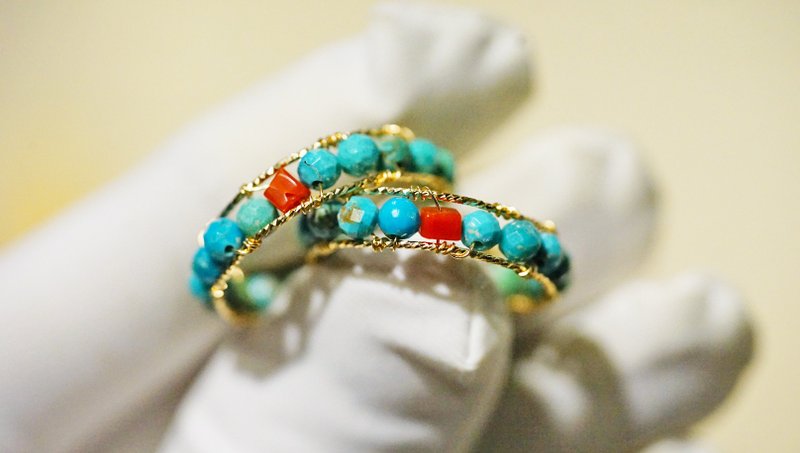 纯手工14K包金绕线绿松石宝石开口戒指 - 戒指 - 宝石 多色