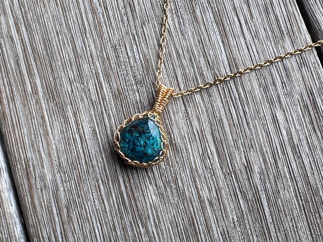 #20260147 wire wrapping 蓝磷灰石 铜线 绕线 吊堕 - 项链 - 铜/黄铜 蓝色