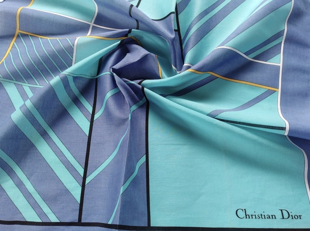 Christian Dior 复古围巾 26 x 26 寸 设计师 70 年代图案 - 丝巾 - 棉 蓝色