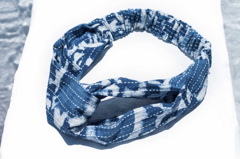 手工发带/蓝染发带/印花发带/刺绣发带-植物染indigo蓝色大海刺绣 - 发带/发箍 - 棉．麻 蓝色