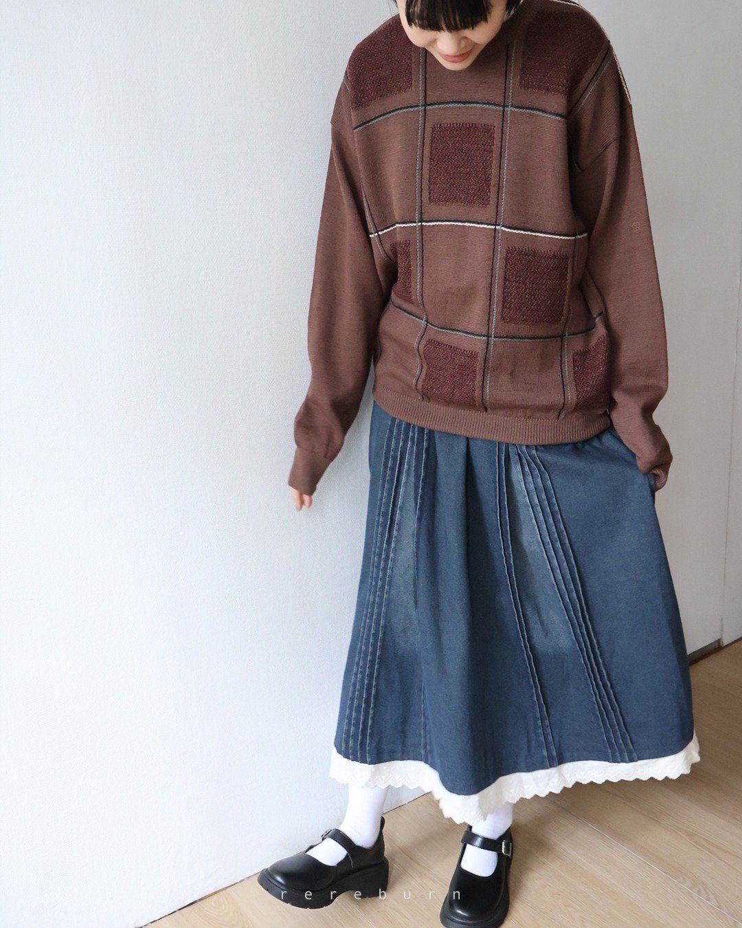 冬复古中性日本制几何格子针织宽松薄款酒红色羊毛古着毛衣 - 女装针织衫/毛衣 - 羊毛 红色