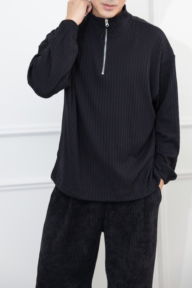 半拉链直纹弹性长袖上衣 黑色 - 中性连帽卫衣/T 恤 - 其他材质 黑色