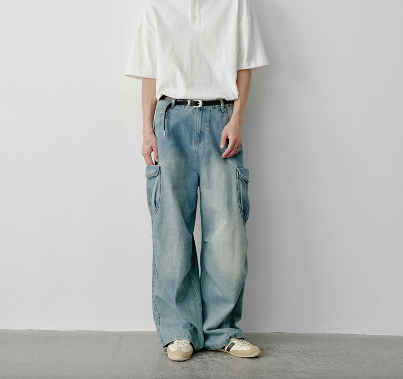 一起去动物园 复古水洗工装感牛仔裤 - 男士长裤 - 其他材质 蓝色