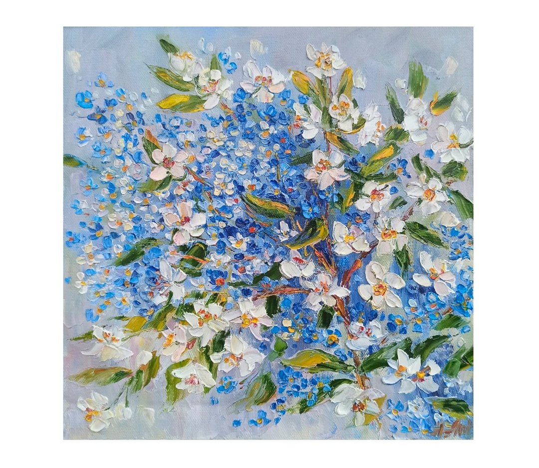 花勿忘我绘画 Gasmine Original Art 蓝色花卉墙艺术 - 海报/装饰画/版画 - 棉 