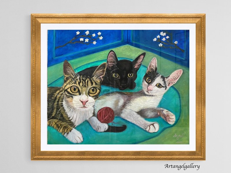 天使画廊/宠物油画/宠物定制画/杏花下的三只猫/宠物订制画/油画 - 订制画像 - 棉．麻 
