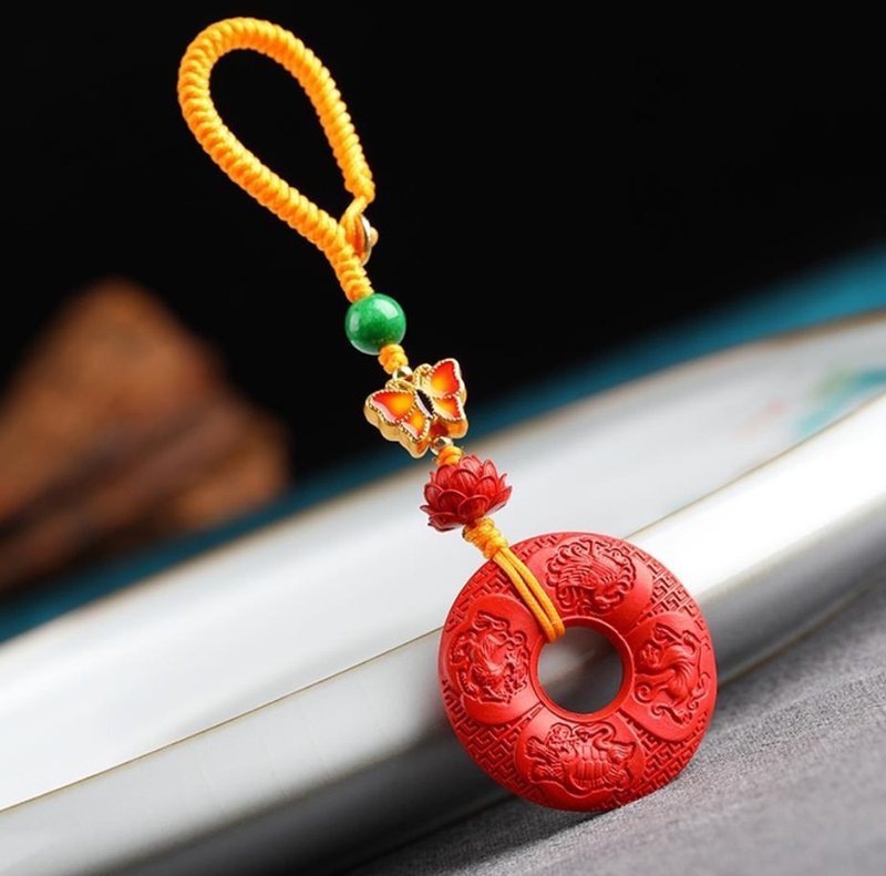 新款美货 天然原矿朱砂精品红砂四大神兽平安扣 钥匙扣 包挂 - 项链 - 宝石 